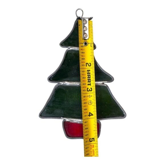 Vintage Stained Glass Christmas Tree & Bell Ornaments Handmade Green Red Holiday - Picture 3 of 4